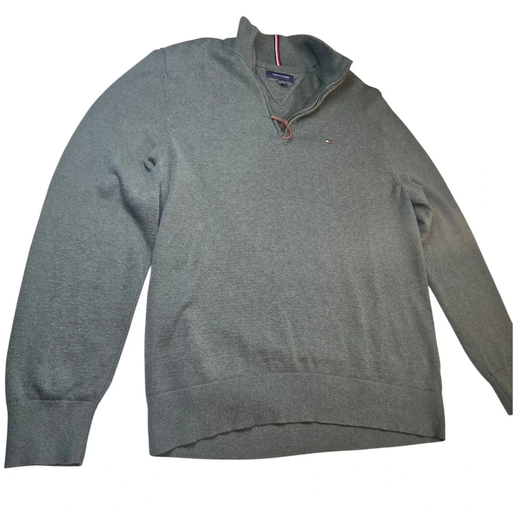 Tommy Hilfiger Mens XL Quarter Zip‎ Sweater Heather Green Mock Neck Pullover